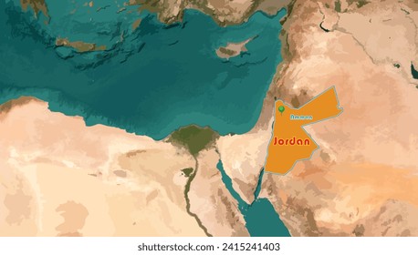 Hashemite Kingdom of Jordan or Jordan map on the world background. The capital city is Amman. It's famous with more than 100,000 archaeological, religious and tourist spots. A rich in history, culture