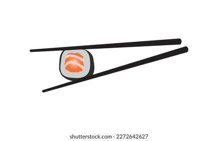 Hashi with sushi. Sushi studio. Roll. Japanese traditional food. Food sticks. Seafood. Menu. Japanese food logo. Salmon. Restaurant logo. Emblem.  Vector illustration. 