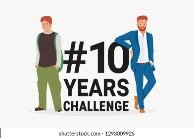 Hashtag 10 Years Challenge Concept Flat Vector Illustration Of Young Men Standing Near Letters Comparing The Appearance And Lifestyle Before And After Ten Years