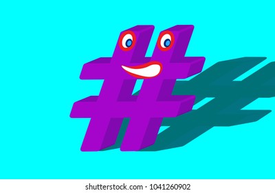 Hashtag 3d sign with shadow and face of surprize and shame