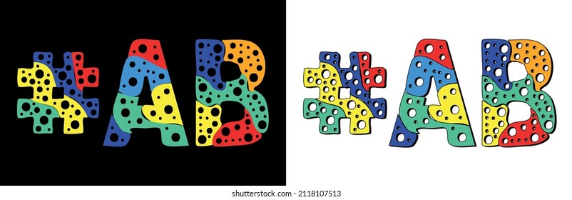 Hashtag #AB. Multicolor bright funny cartoon colorful doodle bubble isolated text. Rainbow colors. Hashtag #AB is abbreviation for the Canadian Alberta for print, social network, advertising banner.