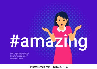 Hashtag amazing concept vector illustration of amazed young woman with open mouth making hands gesture standing near letters on purple. Woman expression design banner for social media and promo