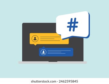 Análisis de etiquetas y herramientas de seguimiento. Concepto de escucha social con el seguimiento de hashtags y conversaciones relacionadas con la marca utilizando Palabras claves en las redes sociales. Ilustración vectorial aislada con iconos