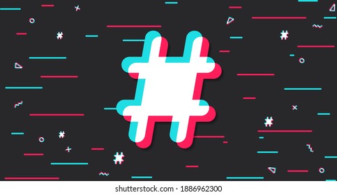 Hashtag background in the style of the social network. Dark modern digital background with a colored hashtag in the center. Vector illustration