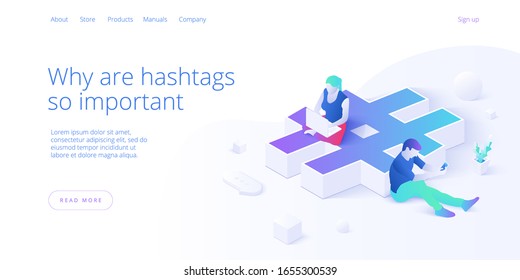 Hashtag benefits with young people using smartphone and laptop. Woman and man as part of social media marketing. Vector illustration in isometric design. Web banner layout template.