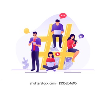 Hashtag - big symbol with little people using laptop for sending posts and sharing them in social media. Flat trend concept vector illustration for web banner, website, presentation