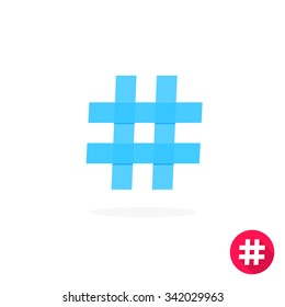 Hashtag blue icon transparent paper flat style concept of micro blogging modern logo, pr, popularity, blogger grille isolated on white background trend logotype design vector sign, long shadow circle
