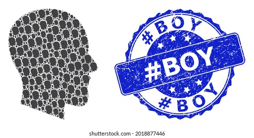 hashtag Boy corroded round stamp seal and vector fractal mosaic gentleman profile. Blue stamp seal has hashtag Boy title inside round shape. Vector mosaic is formed from recursive gentleman profile