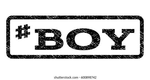 Hashtag Boy watermark stamp. Text tag inside rounded rectangle frame with grunge design style. Rubber seal stamp with unclean texture. Vector black ink imprint on a white background.