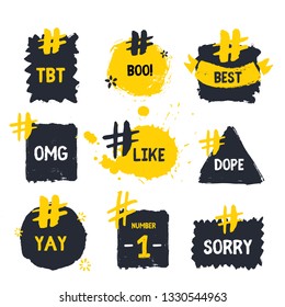 Hashtag bubble collection with hand drawn lettering words like, omg, sorry, boo. Dialogue quote collection