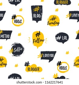 Hashtag bubble seamless pattern with trendy young slang words. Blogging Vector illustration