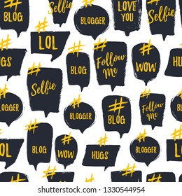 Hashtag bubble seamless pattern with trendy young slang words. Blogging Vector illustration