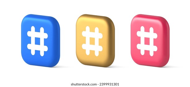 Botón de etiqueta símbolo de comunicación de redes sociales símbolo de comunicación de internet clave de mensaje de internet 3d iconos realistas de oro azul y rosa. Caracteres de cuadrícula de charla de blog siguiendo el diseño del panel de navegación de etiquetas