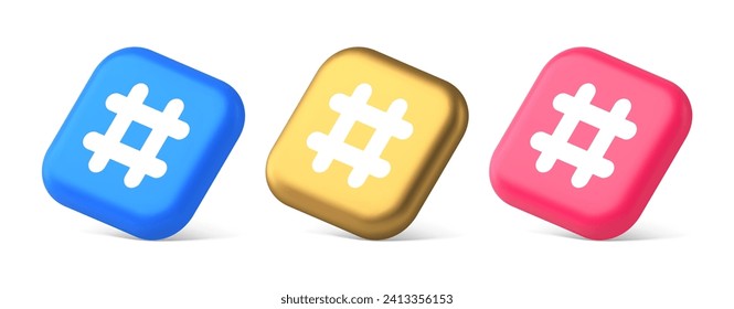 Hashtag button social network media communication symbol internet message key 3d realistic blue gold and pink icons. Blog chatting grid character follow tag navigational panel design