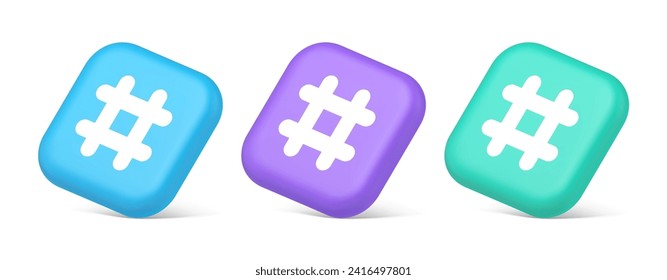 Hashtag-Taste Social-Netzwerk-Kommunikation Symbol Internet-Nachricht-Taste 3d realistische blaue violette und grüne Symbole. Blog-Chatgitter-Zeichen folgen Tag-Navigations-Panel-Design