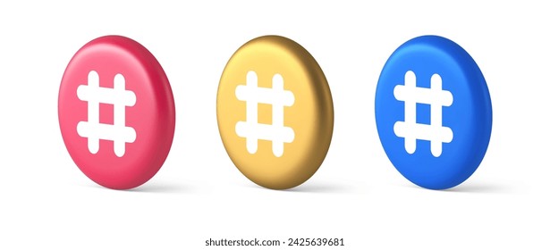 Hashtag button social network media communication symbol internet message key 3d realistic blue gold and pink icons. Blog chatting grid character follow tag navigational panel design
