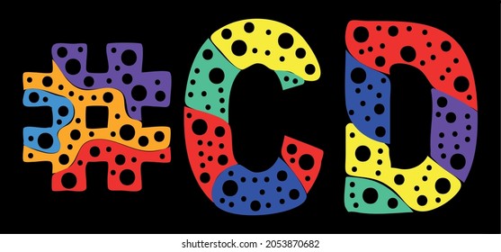Hashtag #CD. Multicolor bright funny cartoon colorful doodle bubble isolated text. Rainbow colors. Trendy popular Hashtag #CD for social network, title, advertising, clothes, t-shirt, flyer.