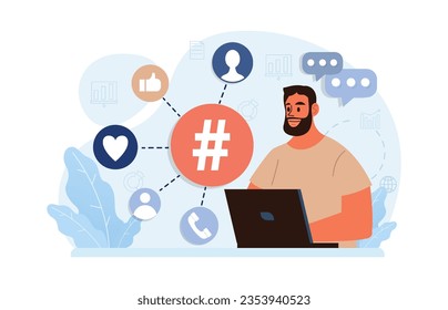 Hashtag. Character using digital device for sending posts and sharing them in social media. Global communication, viral content and feedback. Flat vector illustration