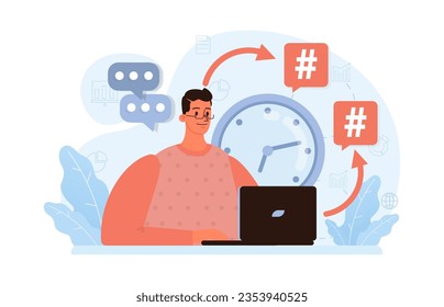 Hashtag. Character using digital device for sending posts and sharing them in social media. Global communication, viral content and feedback. Flat vector illustration