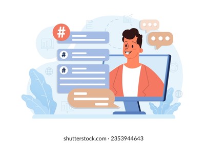 Hashtag. Character using digital device for sending posts and sharing them in social media. Global communication, viral content and feedback. Flat vector illustration