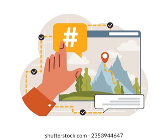 Hashtag. Character using digital device for sending posts and sharing them in social media. Global communication, viral content and feedback. Flat vector illustration