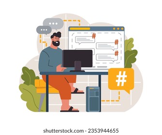 Hashtag. Character using digital device for sending posts and sharing them in social media. Global communication, viral content and feedback. Flat vector illustration