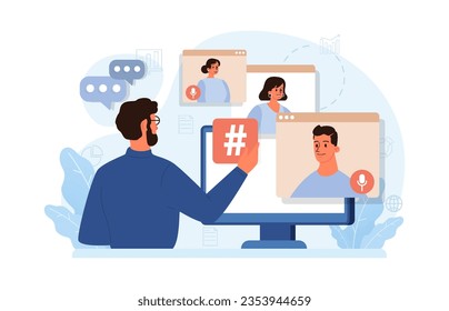 Hashtag. Character using digital device for sending posts and sharing them in social media. Global communication, viral content and feedback. Flat vector illustration