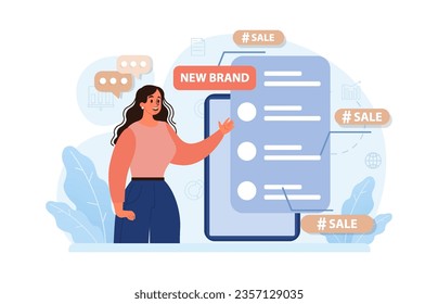 Hashtag. Character using digital device for sending posts and sharing them in social media. Global communication, viral content and feedback. Flat vector illustration