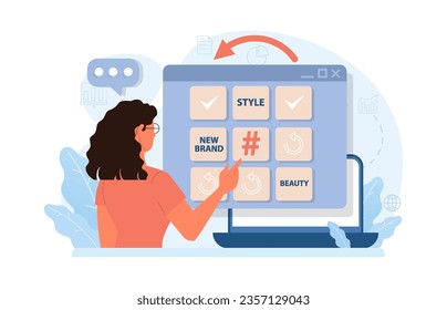 Hashtag. Character using digital device for sending posts and sharing them in social media. Global communication, viral content and feedback. Flat vector illustration