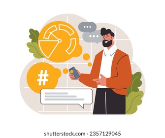 Hashtag. Character using digital device for sending posts and sharing them in social media. Global communication, viral content and feedback. Flat vector illustration