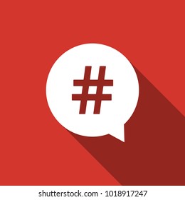 Hashtag in circle icon isolated with long shadow. Social media symbol, concept of number sign, social media, micro blogging pr popularity. Flat design. Vector Illustration