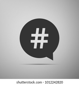 Hashtag in circle icon isolated on grey background. Social media symbol, concept of number sign, social media, micro blogging pr popularity. Flat design. Vector Illustration