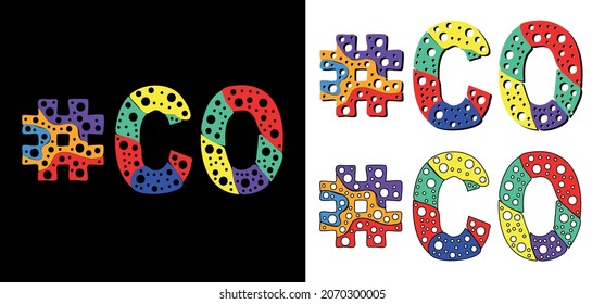 Hashtag #CO set. Multicolor bright funny cartoon colorful doodle bubble isolated text. Rainbow colors. Hashtag #CO is abbreviation for the US American state Colorado for print, social network.