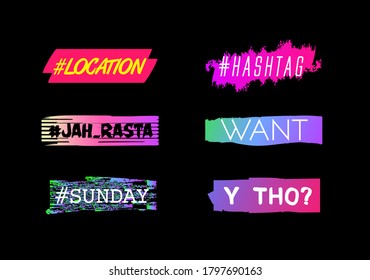 Hashtag with Colorful Backdrop. Graphic Icon with Text for Social Network, Application. Short Phrase. Set Freehand Drawn Symbol Template.