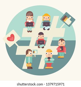 Hashtag Concept -  Funny People Using Laptop and Smartphone for Sending Posts in Network near Big Symbol Hashtag. Cartoon Characters. Vector Illustration. Retro Design.