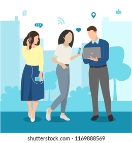 Hashtag concept illustration of young people using laptor and smartphone for sending posts and sharing them in social media. Flat vector guys and women follow the trend