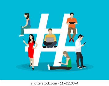 Hashtag concept illustration of young people using mobile tablet and smartphone for sending posts and sharing them in social media. Flat vector hashtag big symbol with guys and women follow the trend