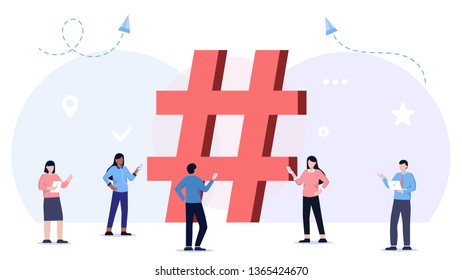 Hashtag concept illustration of young people using mobile tablet and smartphone for sending posts and sharing them in social media. Social media concept with characters