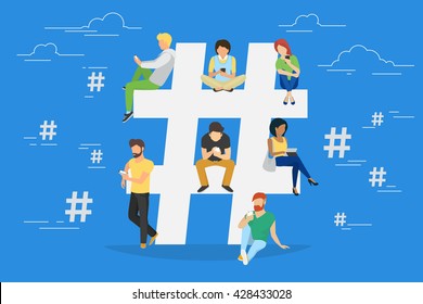 Ilustração do conceito de Hashtag de jovens que usam tablet móvel e smartphone para enviar mensagens e compartilhá-las em mídias sociais. Flat vector hashtag grande símbolo com caras e mulheres seguem a tendência