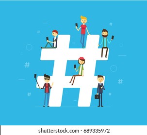 Hashtag concept illustration of young people using mobile tablet and smartphone