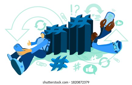 Hashtag concept. Man and woman using mobile tablet, smartphone for sending posts and sharing them in social media. 3d effect vector. Hashtag big symbols.