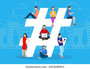 Hashtag concept. people using mobile tablet and smartphone for sending posts and sharing them in social media. Vector illustration in flat style