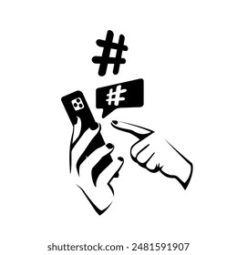 Hashtag concept. Phone in hand with hashtag symbol. Promotion of social networks. Description tags. Social media. Vector illustration flat design. Isolated on white background.