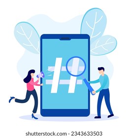 Hashtag concept vector illustration of young people using mobile tablet and smartphone to post and share it. Social media marketing concept.