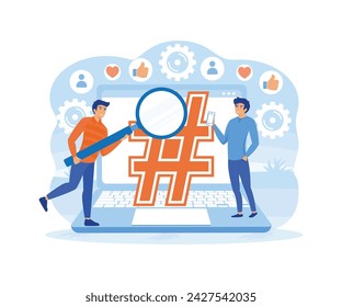 Hashtag concept young man using mobile tablet, and smartphone for sending posts and sharing them in social media. Flat illustration vector flat vector modern illustration 
