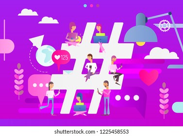 Hashtag Concept - Young People Using Laptop and Smartphone for Sending Posts in Network near Big Symbol Hashtag. Modern Flat Design of Vector Illustration.