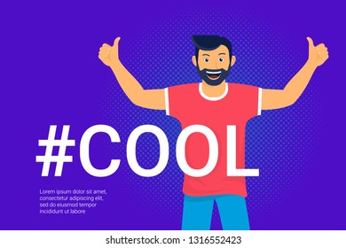Hashtag cool concept flat vector illustration of happy guy smiling and making thumbs up with both hands. Positive mood and I like it emotions for social networks banners and events hashtag