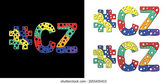Hashtag #CZ set. Multicolor bright funny cartoon colorful doodle bubble isolated text. Rainbow colors. Hashtag #CZ is abbreviation for the Czech Republic for print, social network.