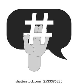 Hashtag em marketing digital preto e branco conceito de ilustração 2D. Adicionando símbolo de hash isolado à mão do caractere de contorno de mídia social. Blogs online sobre metáforas virais monocromáticas e arte vetorial