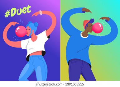 Hashtag duet challenge concept vector illustration of two young teenagers blowing a big bubble gum and gesturing hands up. Emotional gradient design of modern teens repeating videos in social media